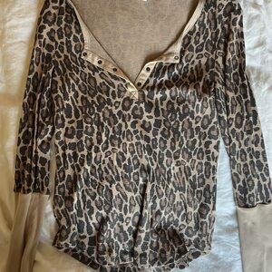 Splendid Beige and Brown Leopard-Print Long Sleeve Henley